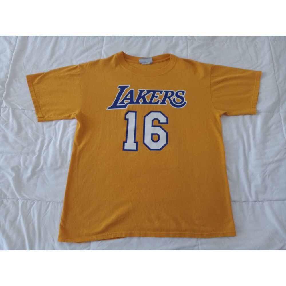 Los Angeles Lakers LA 16 Pau Gasol Yellow Jersey T-shirt Men's Size Medium NBA